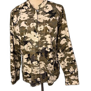 Chico's embroidered Camouflage Button-Front cotton shirt Size 10 Chicos sz 2